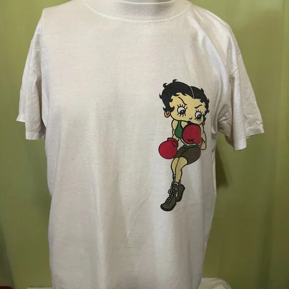 Vintage Betty Boop Boxing Men's White T Shirt Double Sided Graphics Size Large - Picture 3 of 4